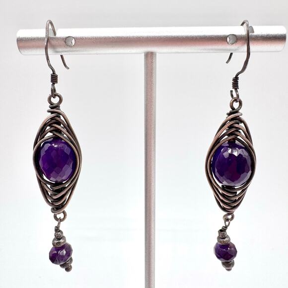 Genuine Amethyst Silver Wire Wrapped Dangle Earrings Artisan Tested Bohemian - Picture 4 of 11